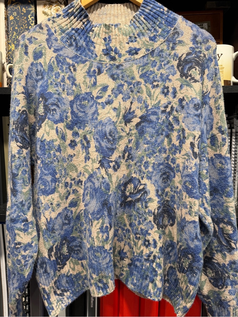LC Lauren Conrad Blue Floral Mock-Neck Sweater